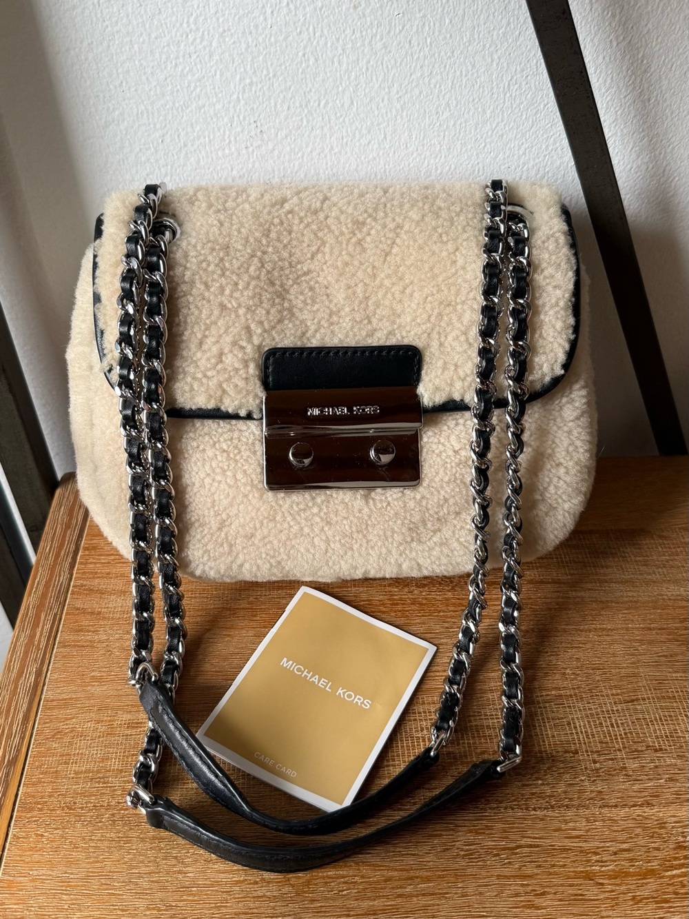 Michael Kors Cream Shearling Shoulder Bag with Black Trim & Chain Strap